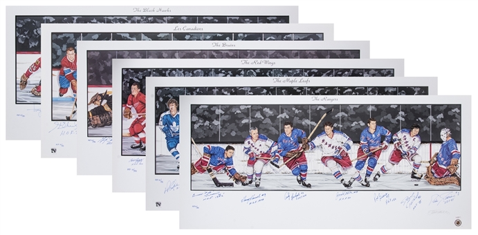 NHL Hall of Famers Set of (6) Multi Signed Team Lithographs With 40 Total Signatures -AP 10/50 (JSA)